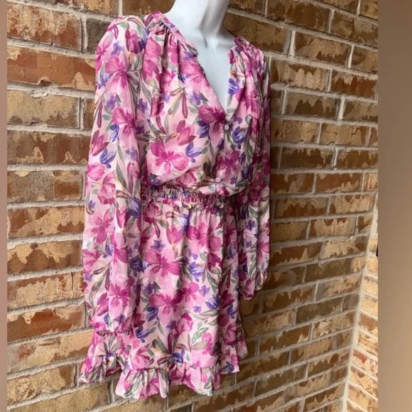 Greylin Floral Pink and Purple Long Sleeve Dress Medium - Picture 7 of 11